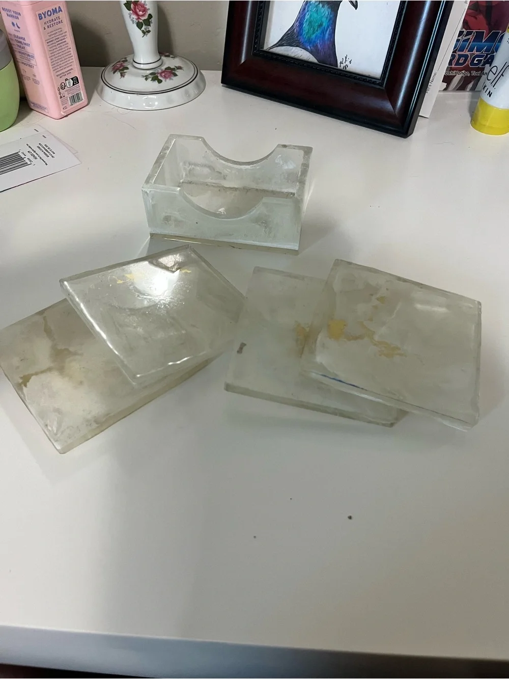 Locally made handcrafted white and gold marbled resin set of four coasters